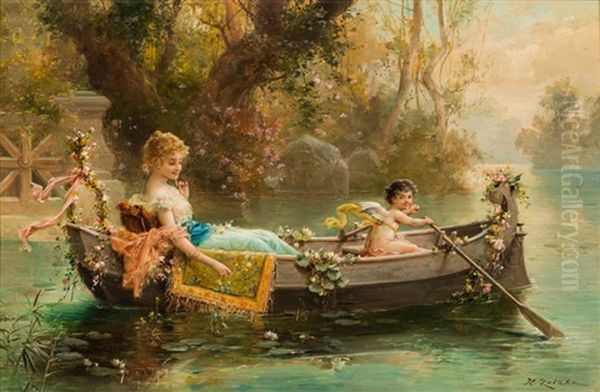 Lady And A Cherub In A Boat Oil Painting by Hans Zatzka