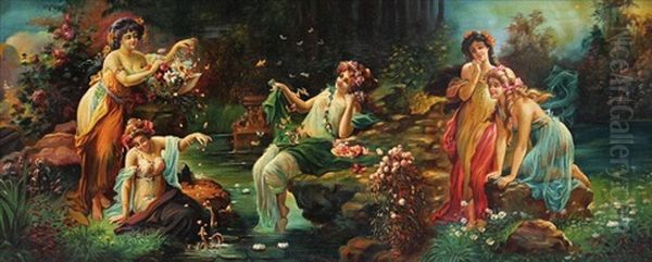 Funf Junge Damen An Einem See Mit Schmetterlingen U. Springenden Fischlein Oil Painting by Hans Zatzka