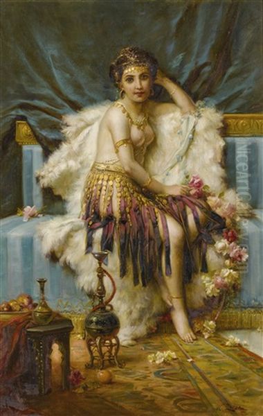 Beauty With Flowers In An Interior Oil Painting by Hans Zatzka