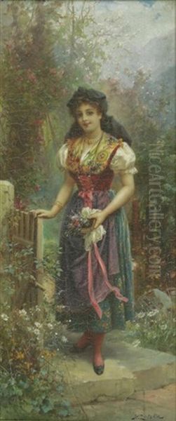 Young Woman By The Garden Gate Oil Painting by Hans Zatzka