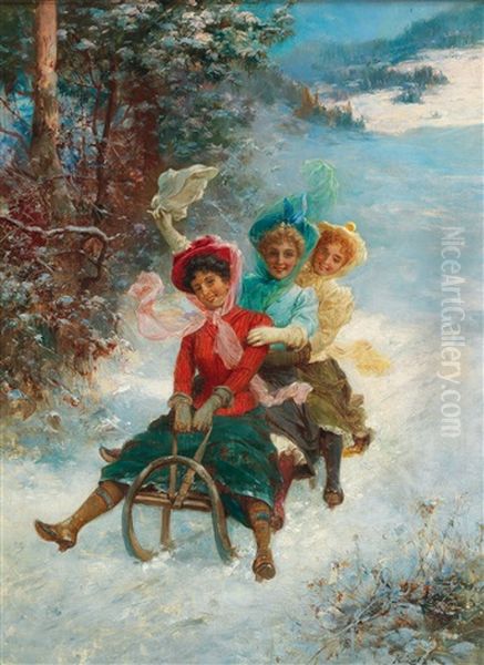 The Sledge Ride Oil Painting by Hans Zatzka