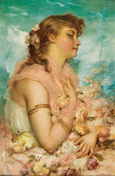 A Young Woman With Roses Oil Painting by Hans Zatzka