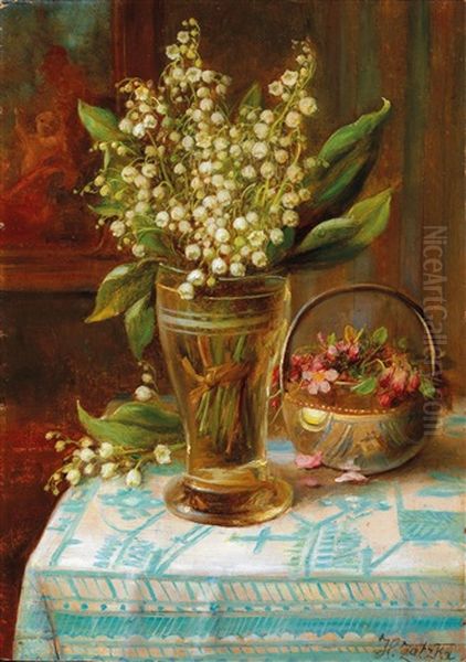 Lilies Of The Valley In A Glass Oil Painting by Hans Zatzka