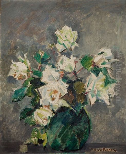 White Roses In A Vase Oil Painting by Czeslaw Zawadzinski