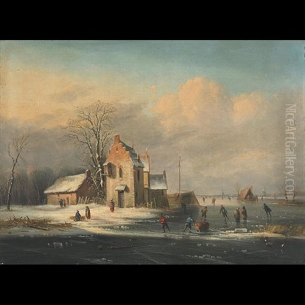 Skaters On A Frozen River Oil Painting by Van Zeebroeck