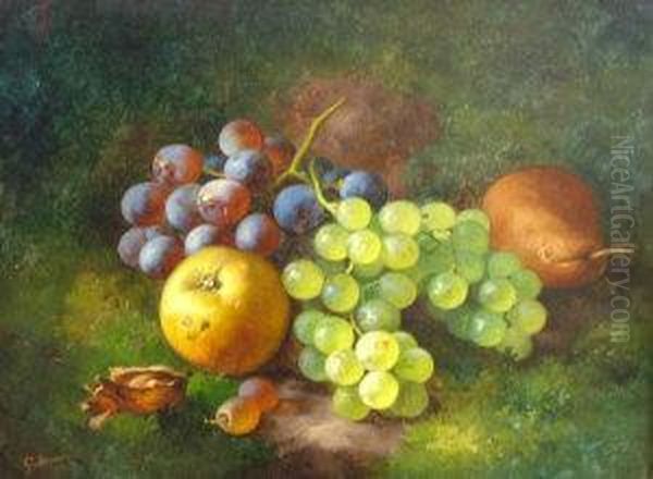 Still Life Of Grapes And Pears On A Mossy Bank Oil Painting by G.J. Broome