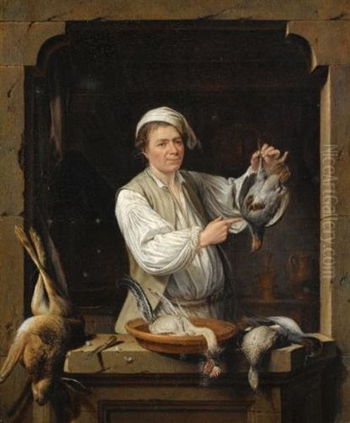 A Man At A Window Selling Game (+ An Old Woman At A Window Selling Fish; Pair) Oil Painting by Gerrit Zegelaar