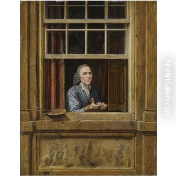 A Self-portrait Of The Artist, At A Window, With A Palette And Paint-brushes On The Windowsill Oil Painting by Gerrit Zegelaar