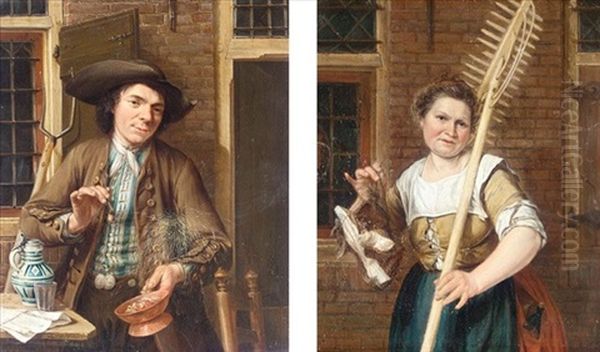 A Toper Standing Beside A Table (+ A Maid Holding A Rake And A Basket Of Fish; Pair) Oil Painting by Gerrit Zegelaar