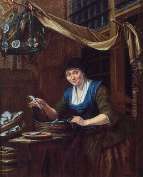 A Woman Cleaning Fish At The Entrance Of A Townhouse Oil Painting by Gerrit Zegelaar