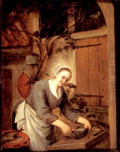 A Kitchen Maid Preparing Fish Outside A House Oil Painting by Gerrit Zegelaar