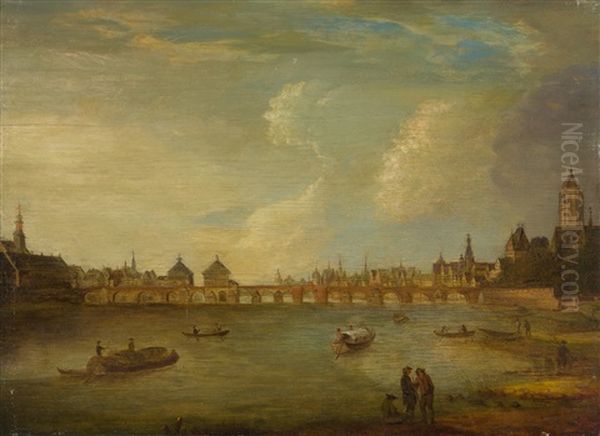 Die Alte Brucke In Frankfurt Am Main, Von Osten Gesehen Oil Painting by Johann Caspar Zehender