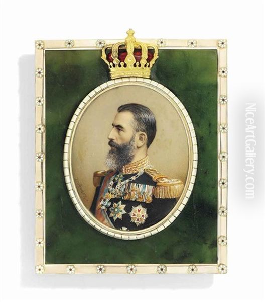 Carol I (1839-1914), King Of Romania, In Black Coat With Gold Collar And Epaulettes, Wearing Numerous Orders And Medals Including The Chain Of The Order Of The House Of Hohenzollern Oil Painting by Johannes Zehngraf