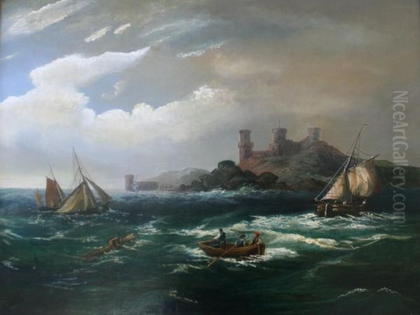 Fishing Boats And Salvagers Off A Headland, A Castle Beyond Oil Painting by William Broome Of Ramsgate