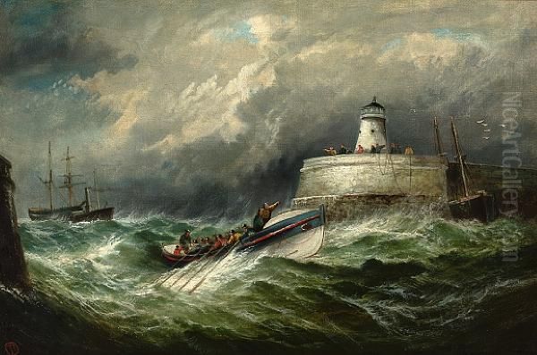 The Ramsgate Lifeboat Returning To Port In A Storm Oil Painting by William Broome Of Ramsgate