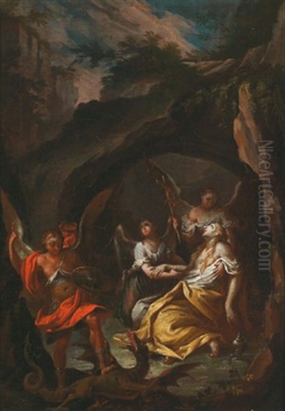 Die Heilige Margarethe Mit Engeln In Einer Felsenhohle Oil Painting by Johann Jacob Zeiller