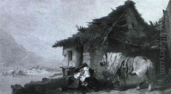 Reiters Rast Vor Der Hutte Am Flussufer Oil Painting by Johann Christian Zeitter