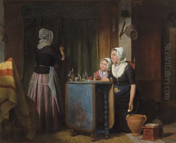 A Family Scene Oil Painting by Johann Christian Gustav Zeitz