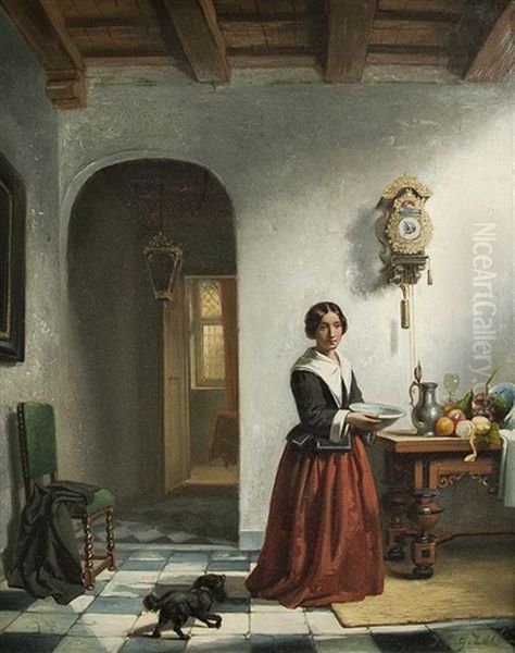 Mit Dem Hund In Der Stube Oil Painting by Johann Christian Gustav Zeitz