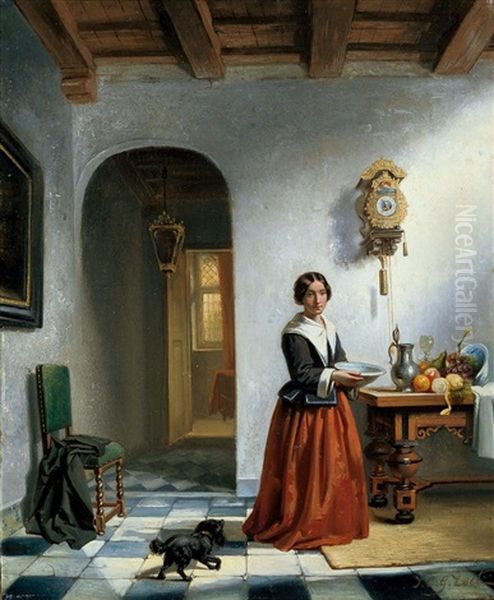 Altniederlandisches Interieur Mit Einer Jungen Frau Oil Painting by Johann Christian Gustav Zeitz