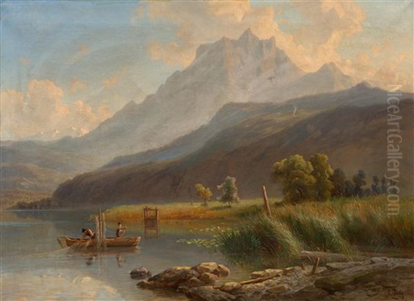 The Pilatus With Fishermen In The Foreground Oil Painting by Jakob Joseph Zelger