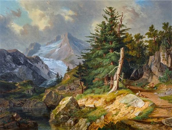 Walliser Gebirgslandschaft Bei Zermatt Mit Ziegenhirte Oil Painting by Jakob Joseph Zelger