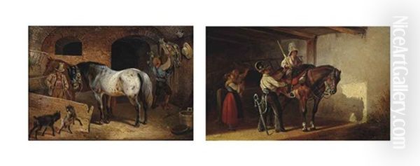 A Stable Scene, And The Young Cavalry Officer (pair) Oil Painting by Franz Zeller (Edler) von Zellenberg