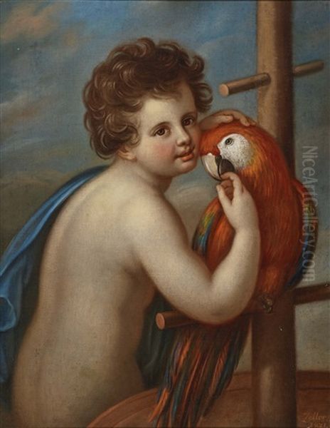 Angel With Torch - Boy With Parrot Oil Painting by Anton Zeller