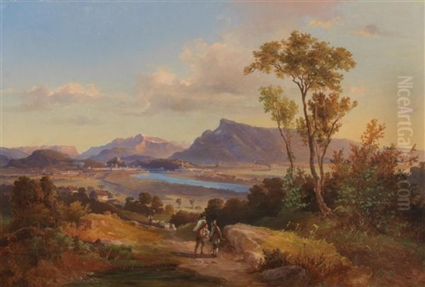 View Of Salzburg With The Untersberg And Hoher Goll In The Background Oil Painting by Friedrich Fritz Zeller