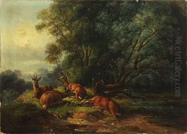 Deers In A Forest by Friedrich Fritz Zeller