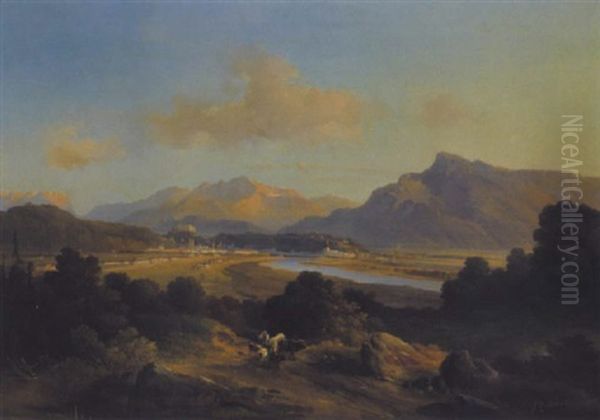 Panoramablick Von Maria Plain Auf Salzburg Mit Abendstimmung Oil Painting by Friedrich Fritz Zeller