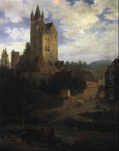 Burg Am Flussufer Oil Painting by Friedrich Fritz Zeller