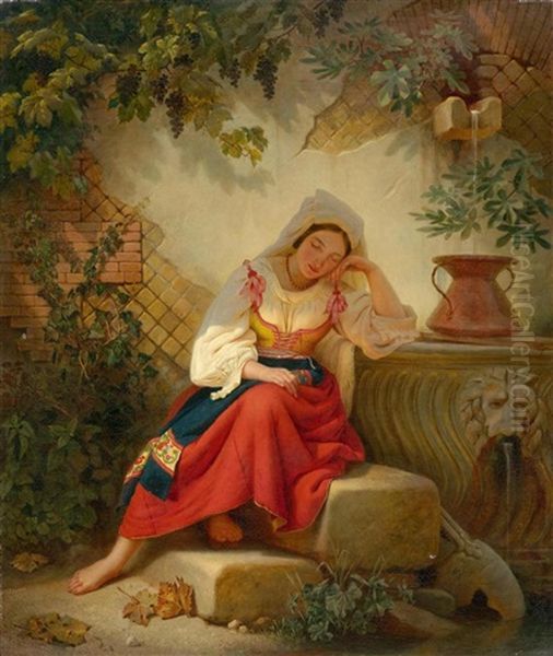 Italian Girl By A Fountain Oil Painting by Johann Conrad Zeller