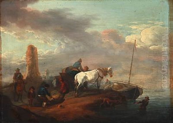 Boat Scene Oil Painting by Johann Conrad Zeller