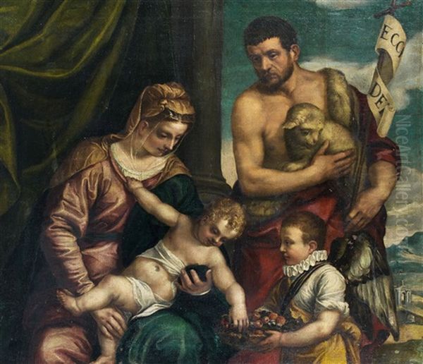 La Vierge A L'enfant Avec Saint Jean-baptiste Et Un Jeune Garcon En Ange Oil Painting by Giovanni Batista Zelotti