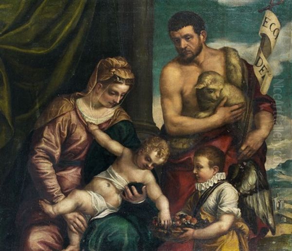 La Vierge A L'enfant Avec Saint Jean-baptiste Et Un Jeune Garcon En Ange Oil Painting by Giovanni Batista Zelotti