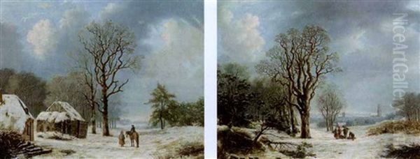 Winter Landscape With Wood Gatherers (+ Winter Landscape With Travellers; Pair) Oil Painting by Johannes Simon Zembsch