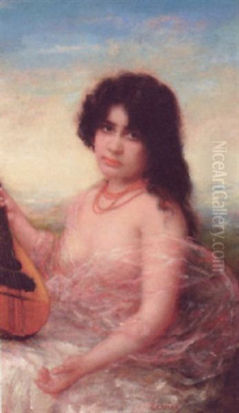 A Young Beauty With A Mandolin Oil Painting by Josef Zenisek