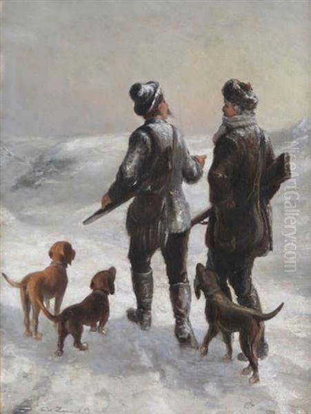 Chasseurs Dans La Neige Oil Painting by Victor Zeppenfeld