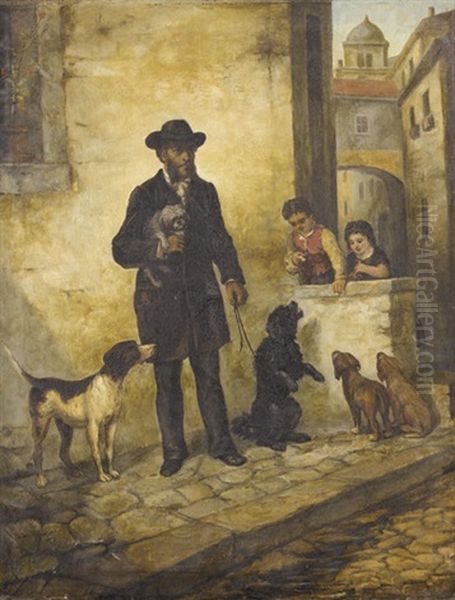 Strassenpartie Mit Mann, Kindern Und Hunden Oil Painting by Victor Zeppenfeld