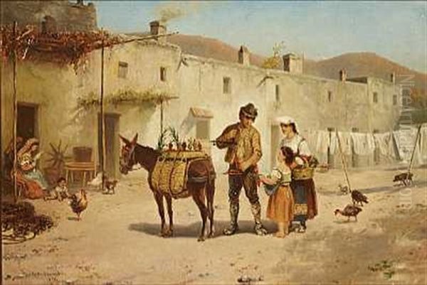 Landsbyscene Med Italienerinde Og Hendes Datter, Der Kober Kirsebaer Oil Painting by Victor Zeppenfeld