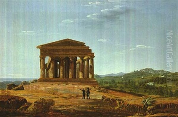 The Temple Of Concordia With Two Figures In The Foreground, The Town Of Agrigento In The Distance Oil Painting by Francesco Zerillo