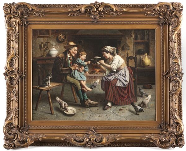 Italian Family In An Interior With Young Child Oil Painting by Jules Zermati