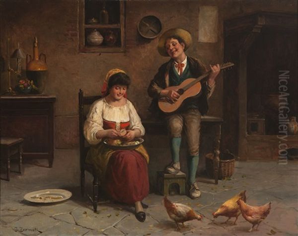 Man Serenading A Woman Peeling Vegetables In An Interior Oil Painting by Jules Zermati