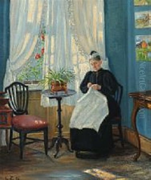 A Seamstress In A Sunlit Room Oil Painting by Catherine Helene Zernichow