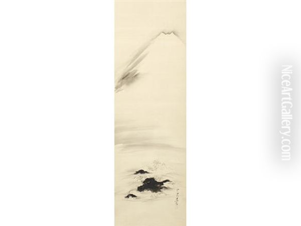 Mount Fuji Looming In The Distance Above A Flock Of Plovers In Flight Over Waves Lapping Against Rocks Oil Painting by Shibata Zeshin