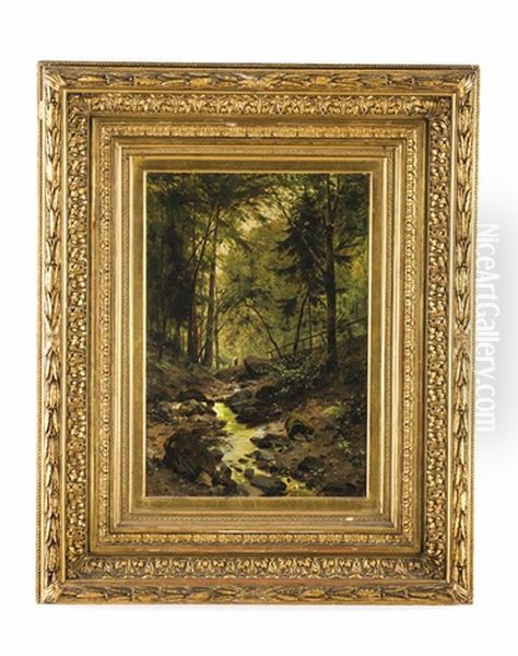 Waldbach Im Herbst Mit Reisigsammlerin Oil Painting by Eduard Zetsche