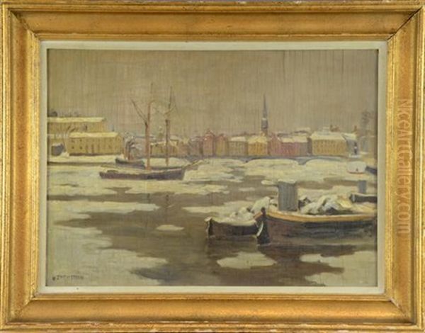 View Of Stockholm With Boats In Icy Waters Oil Painting by Wilhelmina (Mimmi Katarina) Zetterstroem