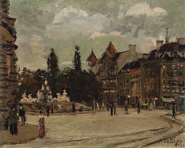 Blick Auf Den Wittelsbacherbrunnen In Munchen Oil Painting by Max Zettler