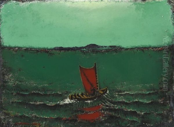 Ship With Red Sails Oil Painting by Ernst Johan Zeuthen